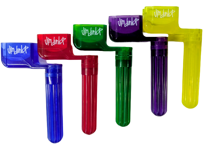 Five colorful Dunlop String Winders with lids featuring the white "Jim Dunlop" logo are arranged side by side—ideal for music lovers or as a fun guitar string tool accessory.