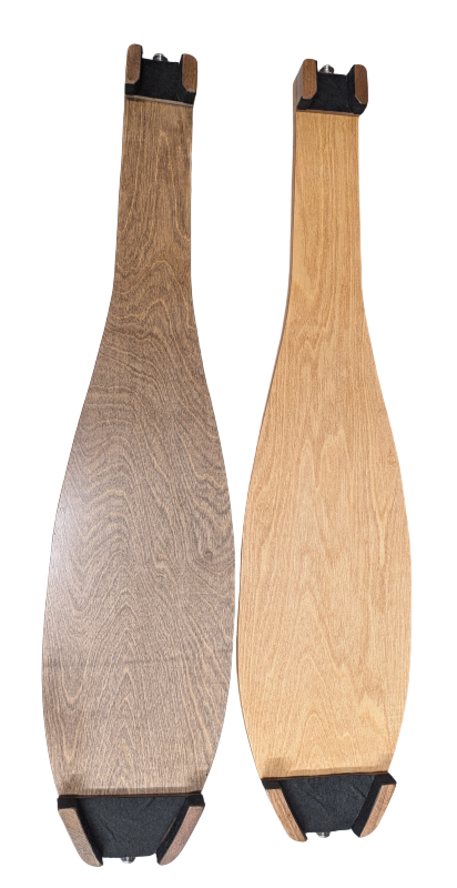 Two wooden longboard decks, including the NEW! Possum Board - Teardrop Style with different wood finishes, are shown side by side from above on a white background.