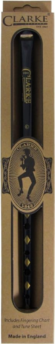 The Original Clarke Tinwhistle in D comes in its original packaging with a silhouette of a person playing and product branding.