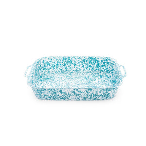 Splatter Enamelware Lasagna Pan in a rectangular shape with blue and white speckled design and handles on both sides, displayed on a white background.