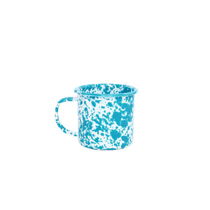 Splatter Enamelware 12 oz Mug, featuring a blue and white speckled design with a convenient handle, displayed centered on a plain white background. Ideal for entertaining guests or for everyday use.