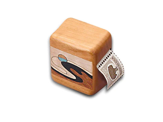 A Cherry Stamp Box Secret Box with a marquetry abstract design and an attached postage stamp.