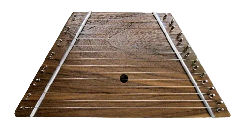 A Lap Harp Walnut, a trapezoidal wooden acoustic folk instrument with metal strings and tuning pegs, shown from the front against a pale green background.
