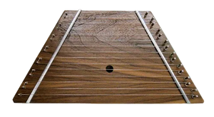 A Lap Harp Walnut, a trapezoidal wooden acoustic folk instrument with metal strings and tuning pegs, shown from the front against a pale green background.