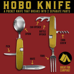 Illustration of a "Hobo Knife"—a multi-part camping tool featuring a spoon, fork, knife, corkscrew, pick, and bottle opener, highlighted as ideal for outdoor adventures.