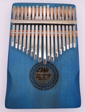 A Kalimba Musical Instrument with metal tines mounted on a blue wooden board, featuring an engraved label reading "akun key instrument model# ct-17.