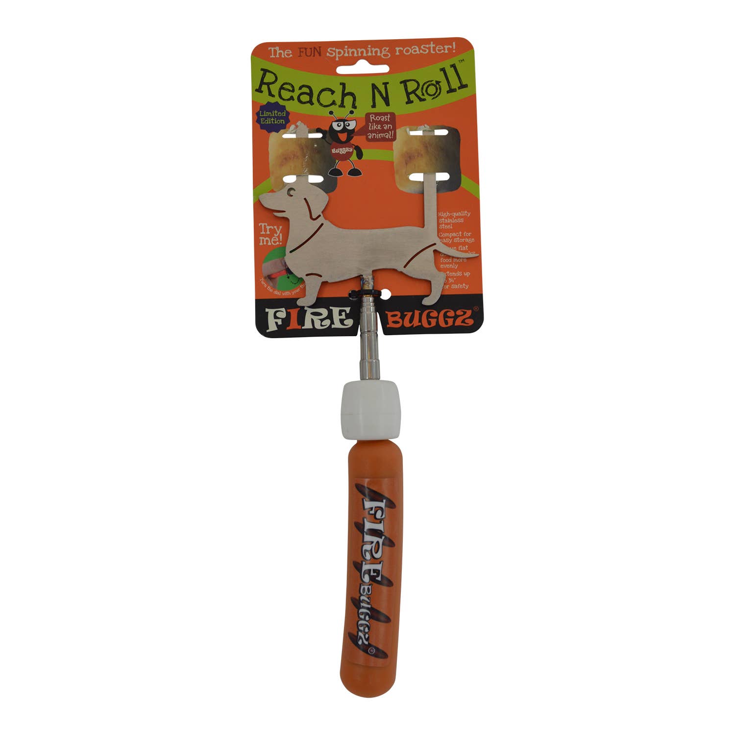 Package of "Wiener Dog Reach N Roll Firebuggz," a fun spinning roaster with a cartoon dog illustration on an orange background, displayed with a brown extendable handle featuring a marshmallow turn