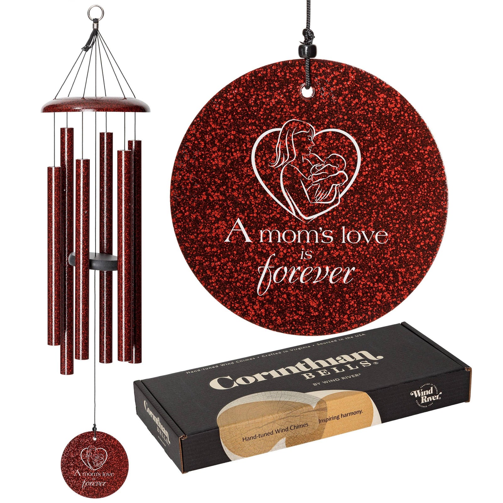The Mom's Love is Forever 36-inch Wind Chime is a red glitter wind chime featuring the touching text "A mom's love is forever," alongside an illustration of mother and child. It comes packaged in a branded Corinthian Bells box, proudly showcasing the tagline "Hand-tuned Wind Chimes." Additionally, this delightful wind chime can be customized with engraving to make it uniquely special.