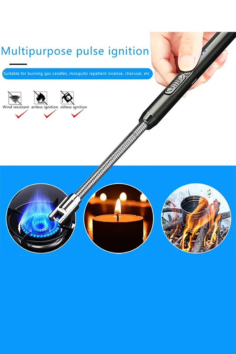 Image of a Flameless Electric Rechargeable Lighter with a flexible neck. The device is shown igniting a gas stove, a candle, and a campfire. Text highlights its USB charging feature and multiple uses.