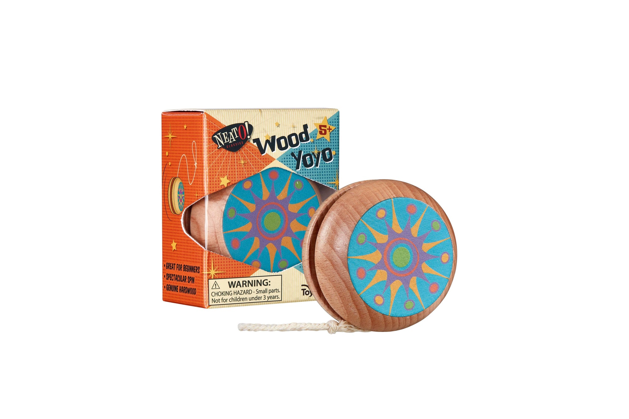 A classic Neato! Wood Yo-Yo with a blue and orange pattern, displayed next to its packaging box with Neato! Classics retro graphics.