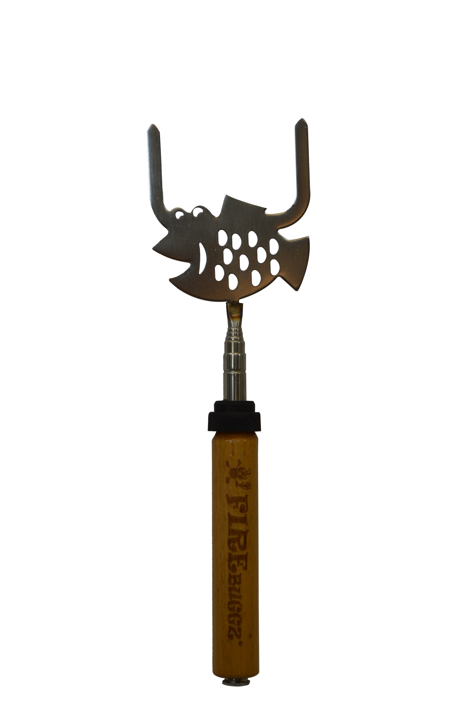 A stainless steel roasting fork with a humorous fish design and a wooden handle labeled "Reach N Roll Fish," perfect for any campfire.