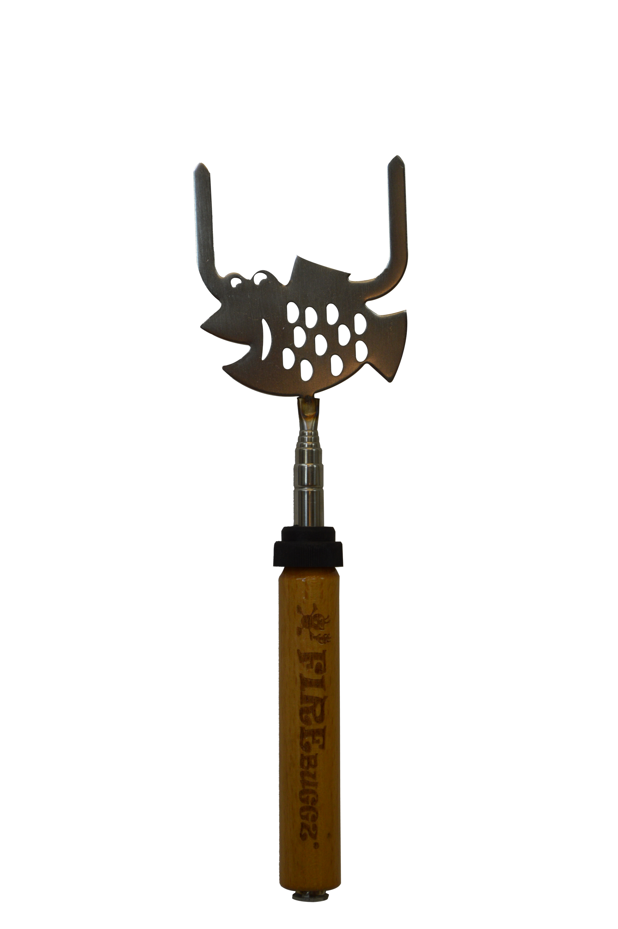 A stainless steel roasting fork with a humorous fish design and a wooden handle labeled "Reach N Roll Fish," perfect for any campfire.