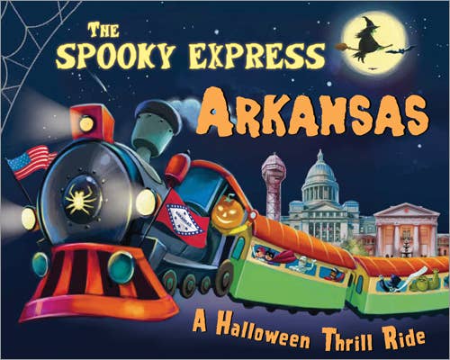 The "Spooky Express Arkansas" cover showcases a Halloween train with a jack-o’-lantern, U.S. flag, and Arkansas landmarks under a night sky with a witch silhouette—perfect for Halloween fun!.