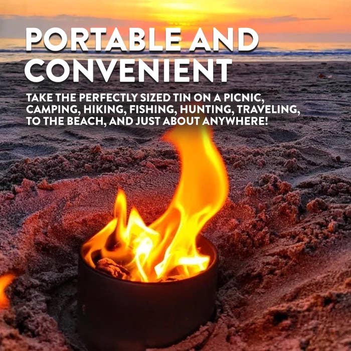 A small fire burns brightly in a black eco-friendly City Bonfires® by Coleman® portable fire pit placed on a sandy beach at sunset, promoting the product's versatility for outdoor adventures.