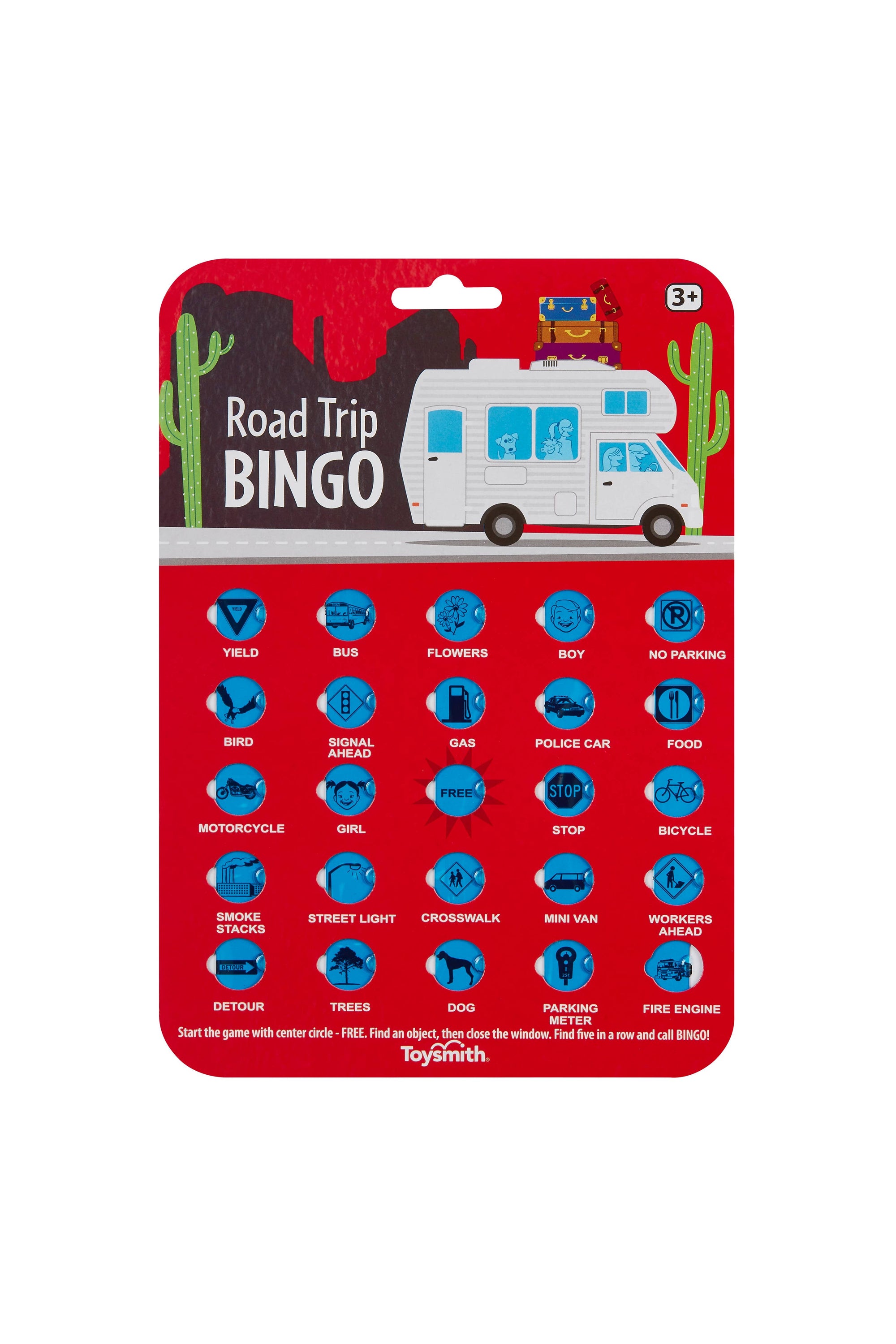 Road Trip BINGO, Travel Game meets RV adventures through desert landscapes filled with towering cactus. Play the classic game while gazing out the transparent window, spotting familiar objects and completing your bingo cards for a fun road trip experience.