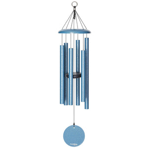 A Corinthian Bells® 30-inch wind chime with blue tubes, perfect for a small patio or balcony.