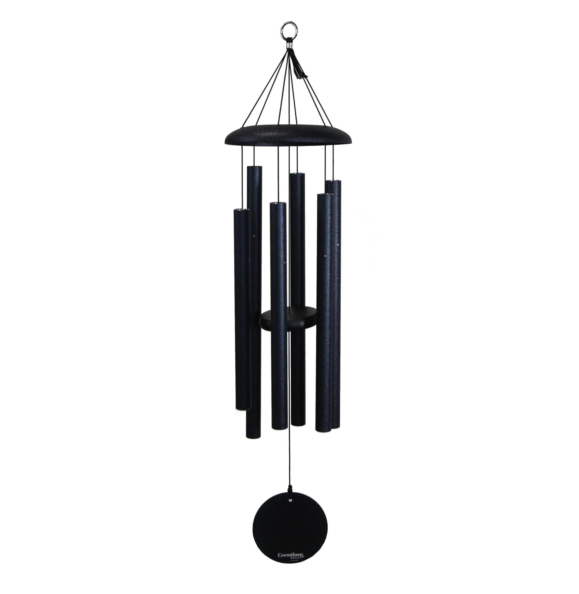 The Corinthian Bells® 36-inch Windchime is a versatile black tubular chime featuring multiple hanging pipes and a round clapper in the center, elegantly suspended from a ring and connected by strings, making it perfect for enhancing any landscape design.