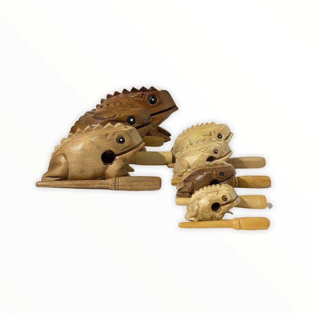 Three pairs of Natural wooden frog percussion instruments in various sizes, each with a matching wooden mallet, showcasing quality craftsmanship and handmade in Thailand.