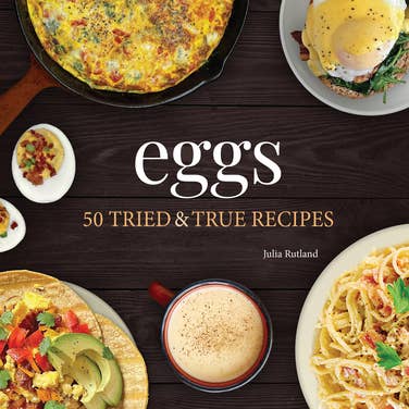 Book cover titled "Eggs" by Julia Rutland, an egg-themed cookbook featuring images of various egg dishes like an omelet, eggs benedict