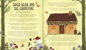 Illustrated book spread of "Folk Stories and Tall Tales," a charming children's book that celebrates cultural heritage. The left page depicts an outdoor scene, while the right page shows a cabin with animals nearby, beautifully capturing North American storytelling traditions.