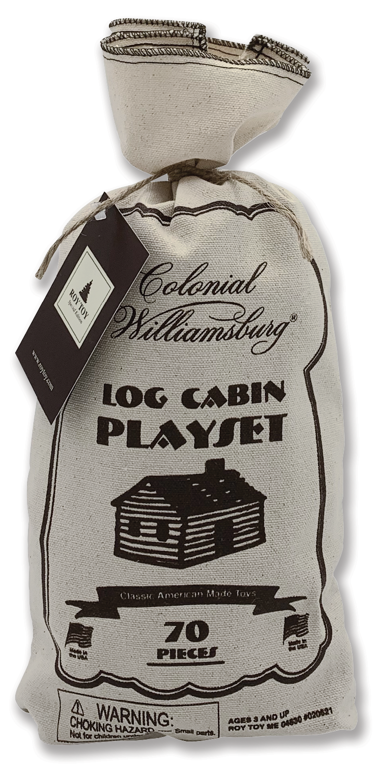 A cloth bag labeled "Roy Toy Log Cabin Canvas Bag" contains a 70-piece set of classic American-made toy logs. An educational toy made of all-wood pieces, it features a tag attached to the drawstring closure.