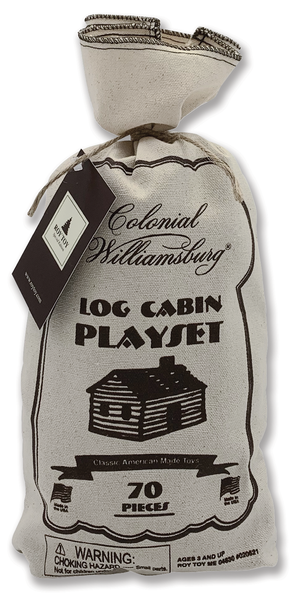 A cloth bag labeled "Roy Toy Log Cabin Canvas Bag" contains a 70-piece set of classic American-made toy logs. An educational toy made of all-wood pieces, it features a tag attached to the drawstring closure.