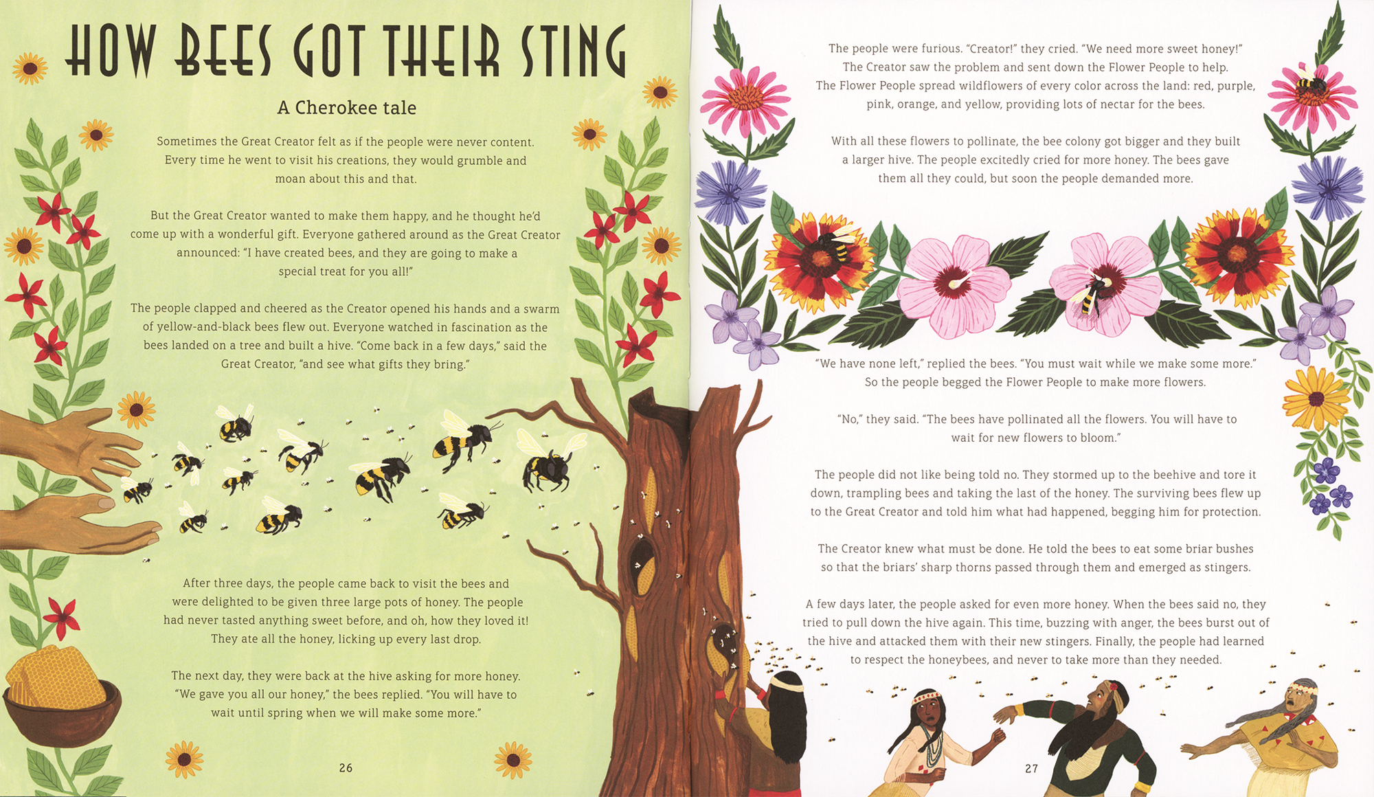 A two-page spread from a children's book titled "Folk Stories and Tall Tales" features illustrations of people, bees, and flowers, with text narrating "How Bees Got Their Sting: A Cherokee Tale" against green and white backgrounds. This beautiful North American story highlights cultural heritage through its vivid artwork.