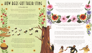 A two-page spread from a children's book titled "Folk Stories and Tall Tales" features illustrations of people, bees, and flowers, with text narrating "How Bees Got Their Sting: A Cherokee Tale" against green and white backgrounds. This beautiful North American story highlights cultural heritage through its vivid artwork.