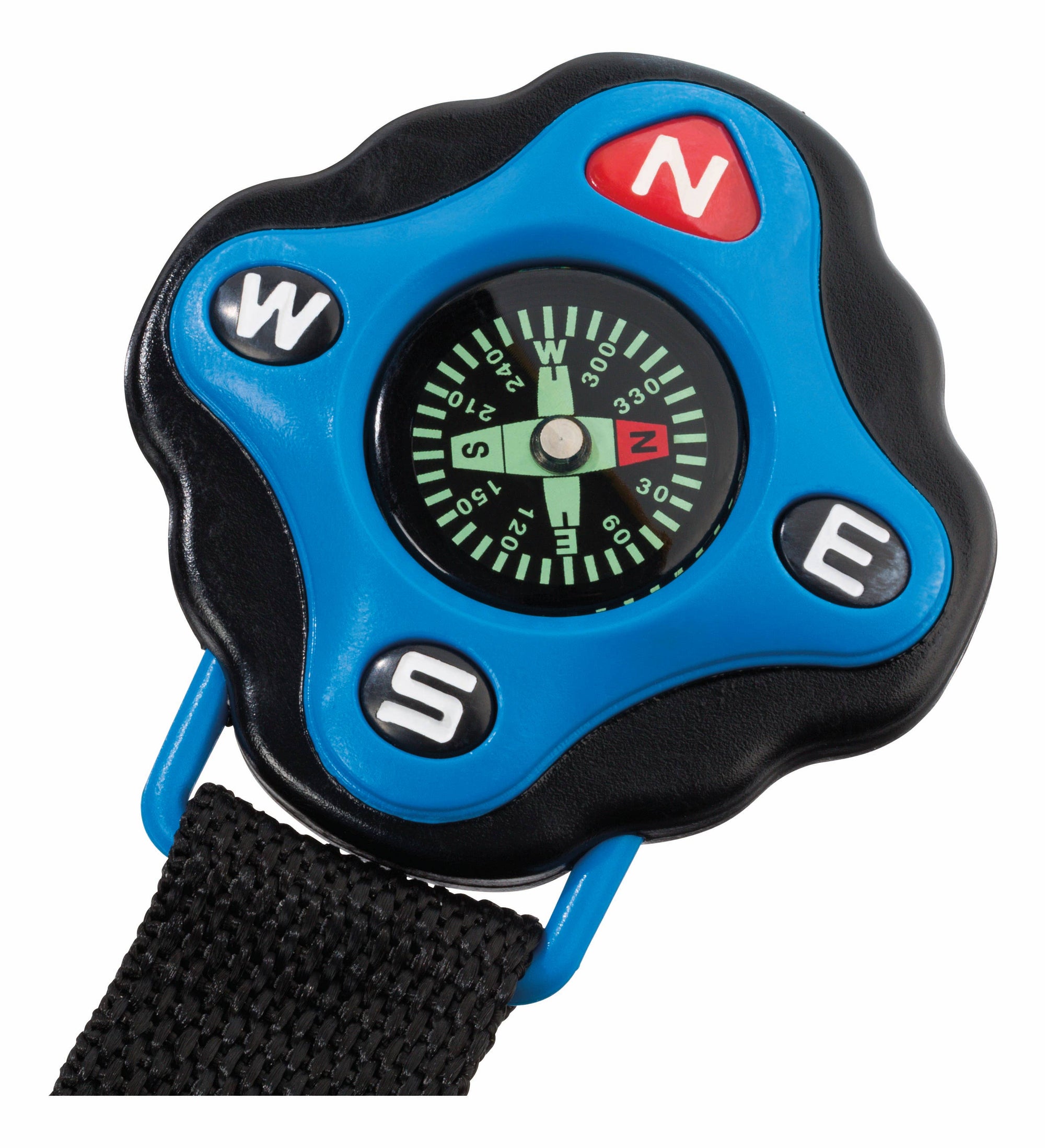 A colorful children's Outdoor Discovery Backyard Exploration Clip-On Compass with blue casing, featuring large red n, green s, and white e, w buttons, attached to a black wrist strap for outdoor discovery, isolated on a white background.