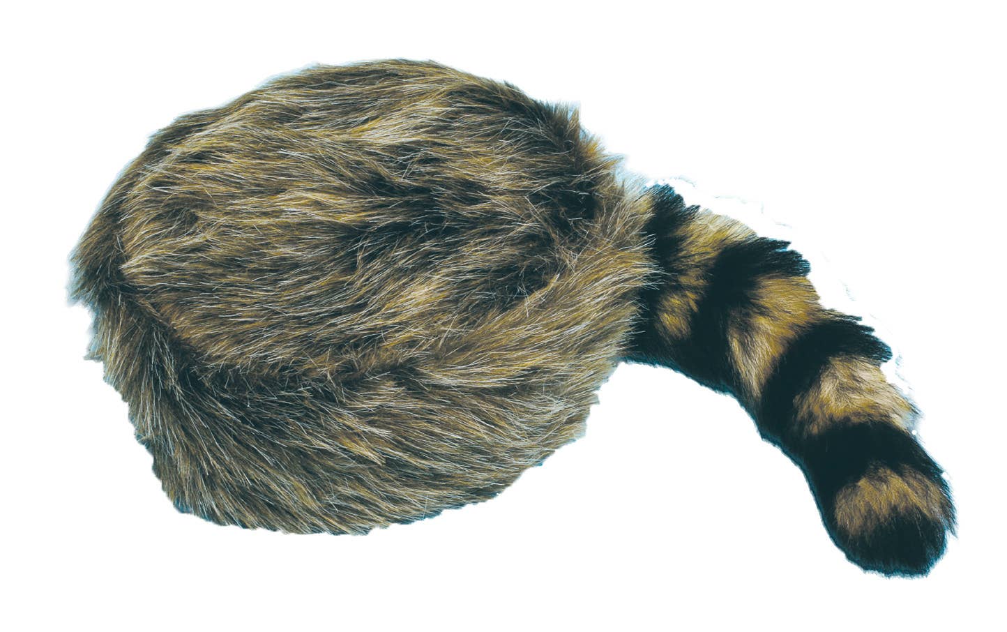 The MADE IN USA Real Raccoon Tail Hat is a round, brown and black fur hat with a bushy raccoon tail attached, reminiscent of classic Davy Crockett hats, shown on a white background.
