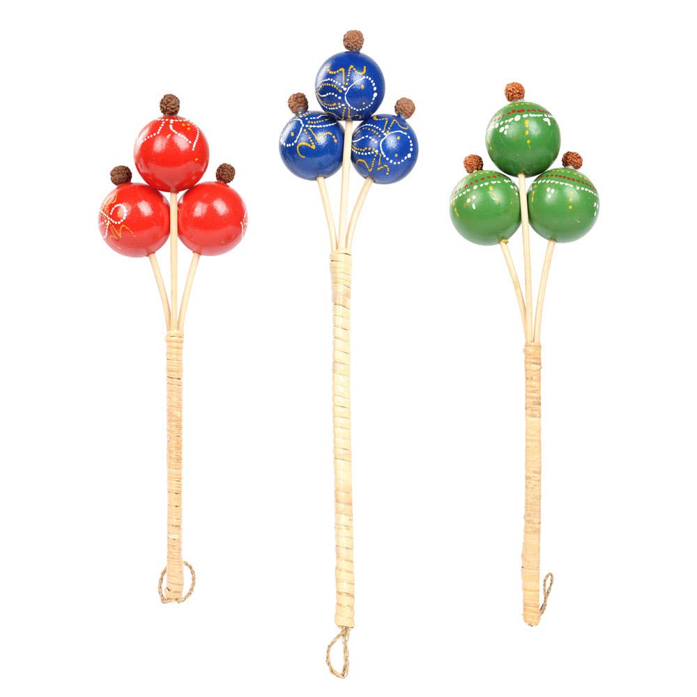 Three vibrant Colored Maracas from Benjamin International are made from gourd boles, featuring red, blue, and green designs. Each set has three round tops connected to wrapped handles, creating unique musical instruments.
