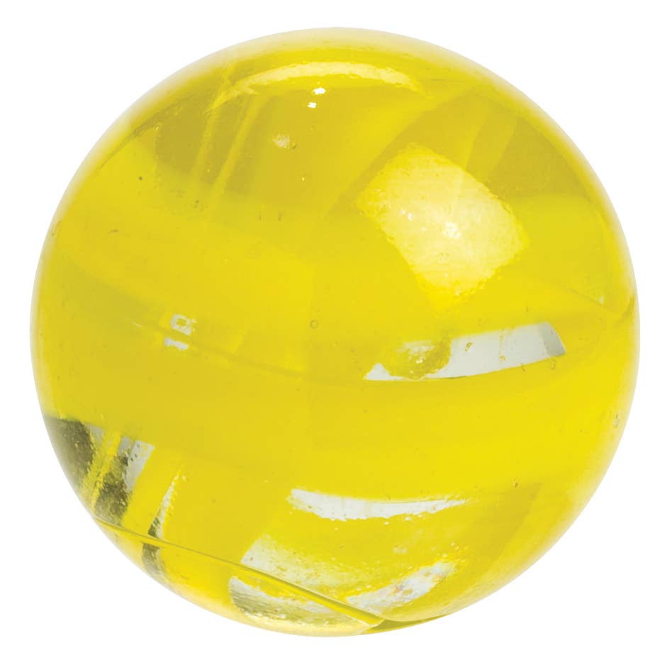 A translucent yellow Neato! Marbles In A Tin Box with internal swirls and light reflections, isolated on a white background.