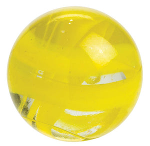 A translucent yellow Neato! Marbles In A Tin Box with internal swirls and light reflections, isolated on a white background.