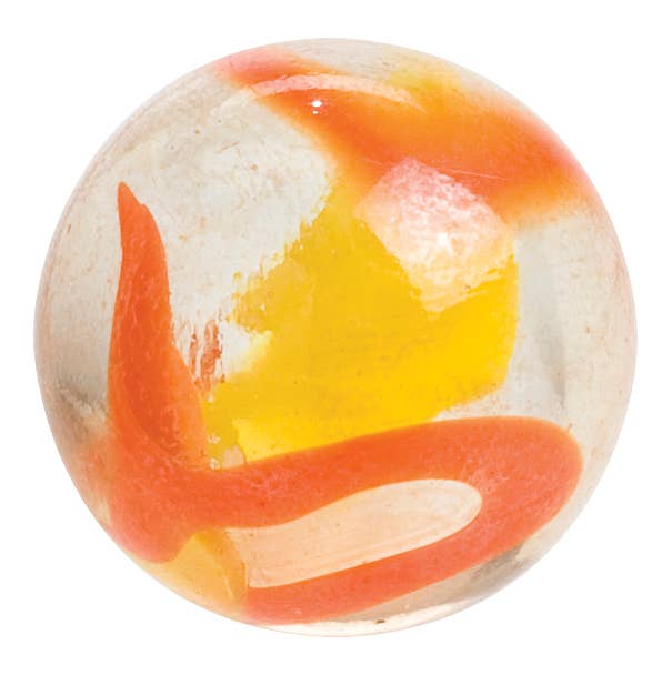 A close-up image of a colorful Neato! marble from a Neato! Marbles In A Tin Box game set, with swirls of orange, yellow, and white.