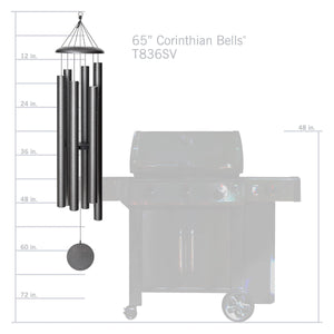 A Corinthian Bells® 65-inch Windchime - Wholesale is displayed in front of a diagram highlighting its impressive height and deep resonance compared to a standard outdoor grill for scale.