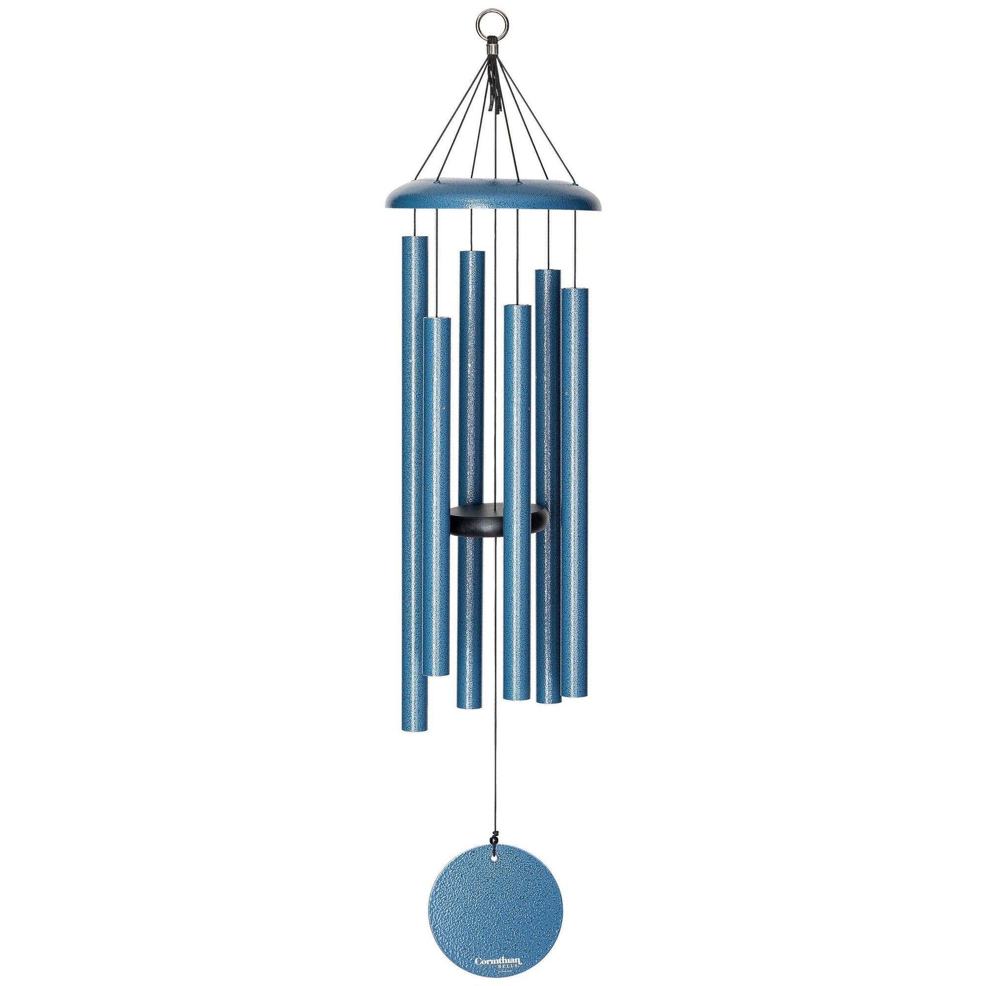 The Corinthian Bells® 36-inch Windchime, featuring multiple vertical metal tubes in a soothing blue hue and a circular weight hanging at the bottom, is perfect for enhancing your landscape design with its versatile charm.