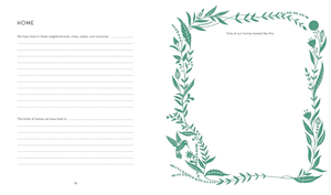 A two-page spread in This Family of Ours guided journal offers lined sections for writing about homes and a blank space with a green floral border—ideal for drawings or notes. Perfect for family memory books or as a thoughtful gift for grandparents.