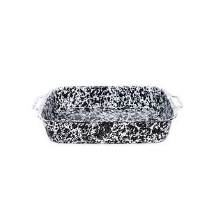 Splatter Enamelware Lasagna Pan in a rectangular shape with a black and white speckled pattern and glossy porcelain finish, featuring two handles, displayed on a white background.