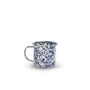 The Splatter Enamelware 12 oz Mug features a blue and white speckled design with a handle, shown centered on a white background.