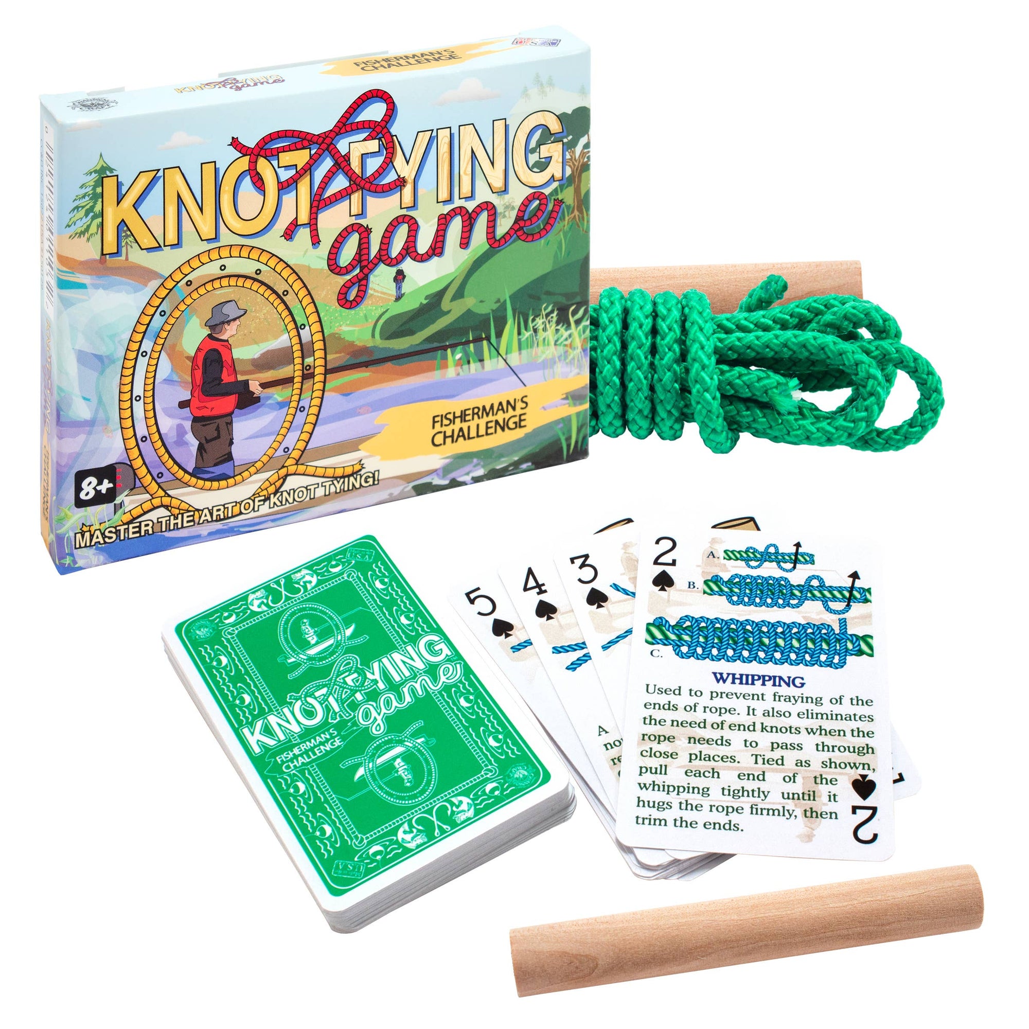 A Knot Tying Kit - Fisherman's Edition designed for outdoor activities, featuring a box, instruction cards, a green rope, and a wooden dowel to teach various knotting techniques.