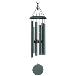 A small green Corinthian Bells® 30-inch Windchime hanging on a white background, perfect for a small patio or balcony.