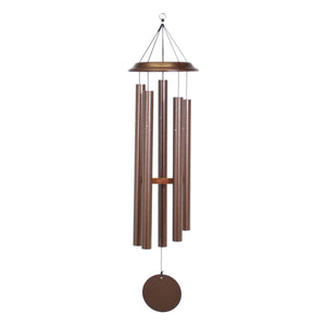The Shenandoah Melodies® 47-inch Windchime, with five hand-tuned brown metal tubes and a circular windcatcher, gracefully hangs from a hook. This midsize garden attraction adds an enchanting melody to your outdoor space.