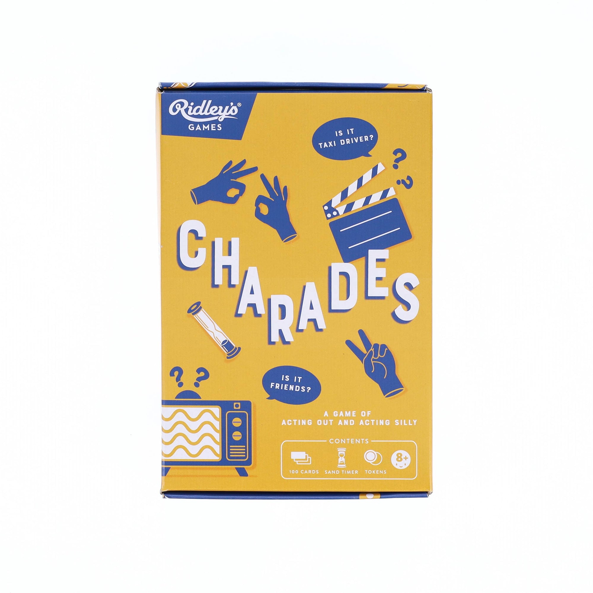A box of Charades game with text, images, and a Charades twist.