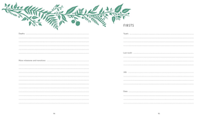 This Family of Ours: a two-page guided journal with green botanical accents, "Firsts" headings, and lined sections for recording milestones—ideal for family memory books or as a heartfelt gift for grandparents.