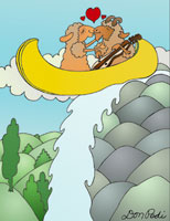 Two sheep gaze at each other with red hearts above their heads while sitting in a yellow canoe atop a waterfall, set against rolling hills and trees. Featured on the Don Pedi Note Card Set.