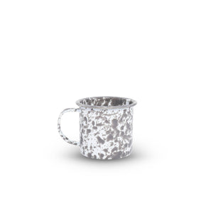 Splatter Enamelware 12 oz Mug with a grey speckled pattern and left-side handle, shown on a plain white background.