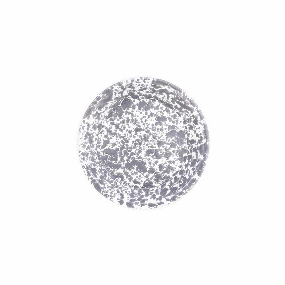 The Splatter Enamelware Pie Plate is a round dish featuring a white and gray speckled pattern with a durable enamel finish.