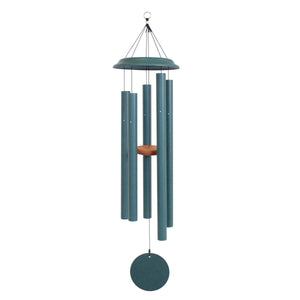 The Shenandoah Melodies® 47-inch Windchime is a green, hand-tuned set featuring cylindrical tubes and a round clapper, ideal for adding charm to your garden.