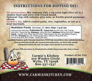 Label for Pesto Dipping Oil Seasoning by Carmie's Kitchen, detailing instructions, nutritional facts, ingredients, and contact information. Made in the USA with allergen warnings included for wheat and soybeans.