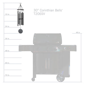 A diagram showcasing the dimensions of a small patio grill and a Corinthian Bells® 30-inch wind chime.